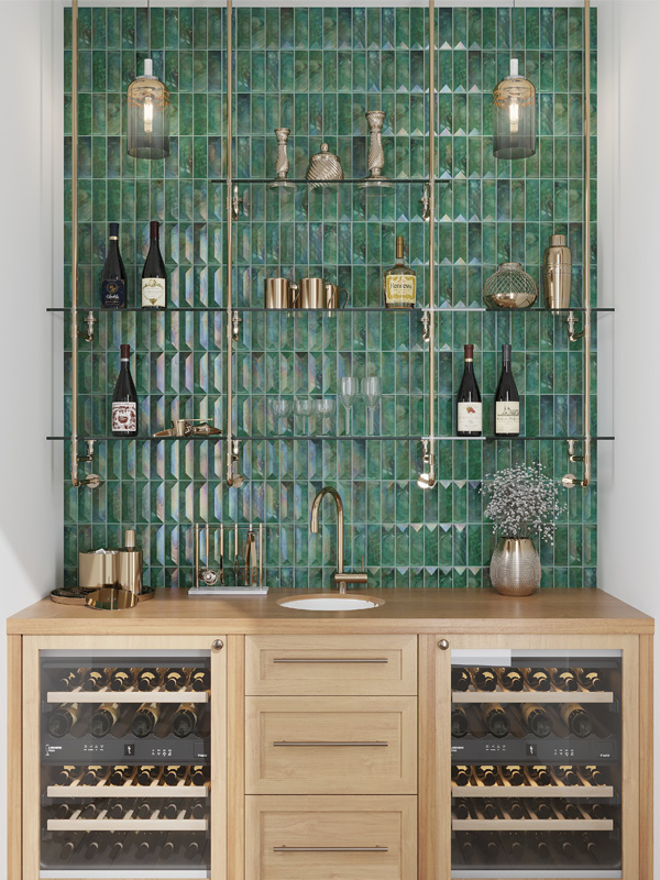 Green glass tile for wet bar area