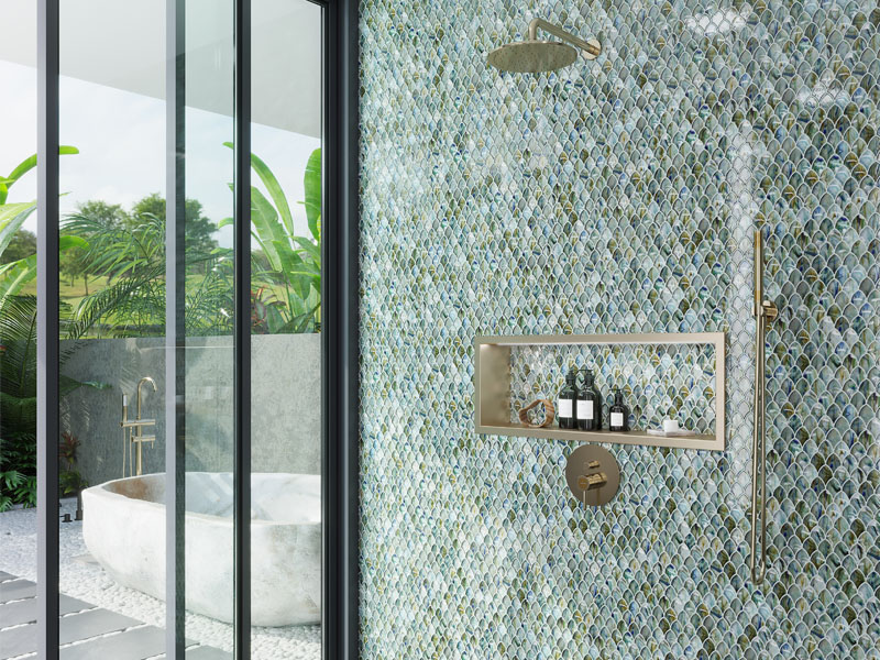 green tone glass tile for shower walls