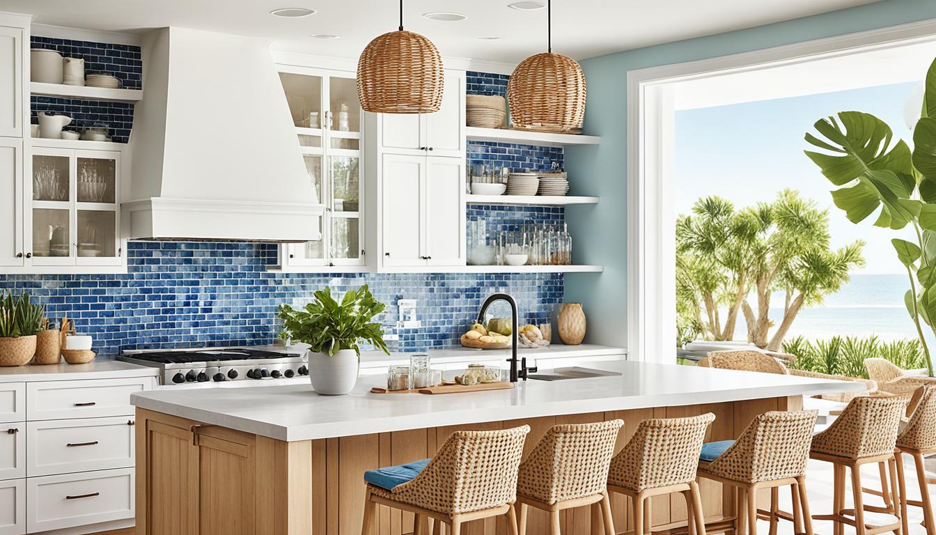 coastal kitchen design with glass tile mosaic backsplash