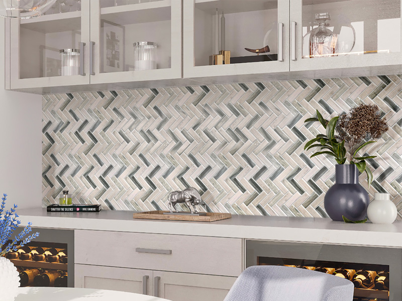 herringbone tile pattern kitchen backsplash