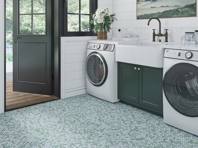 Penny floor tiles for laundry room